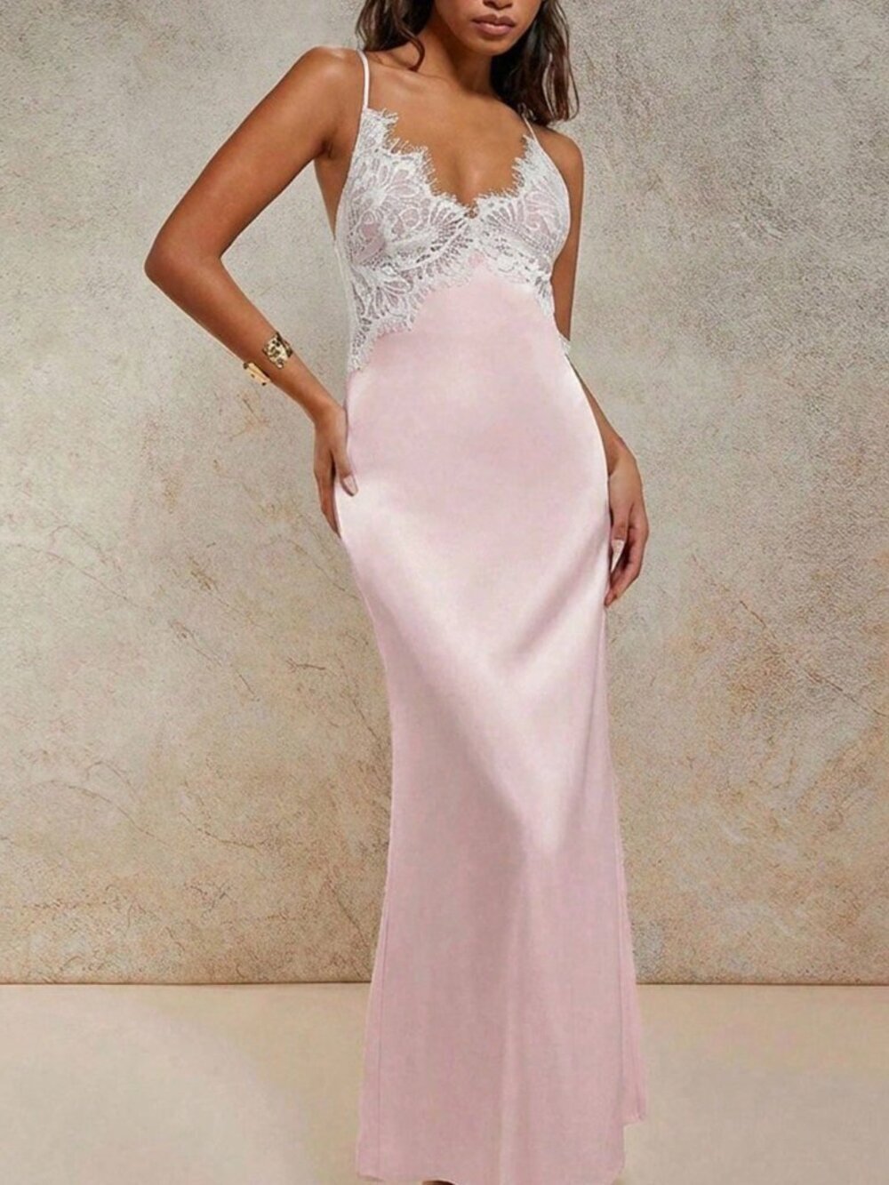 Baby Pink Elegant Women's V-Neck Lace Patchwork Long Dress